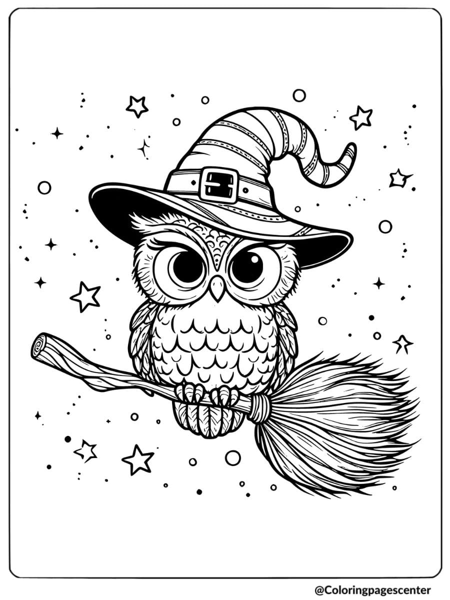 Halloween owl wearing witch hat flying on a broom coloring page