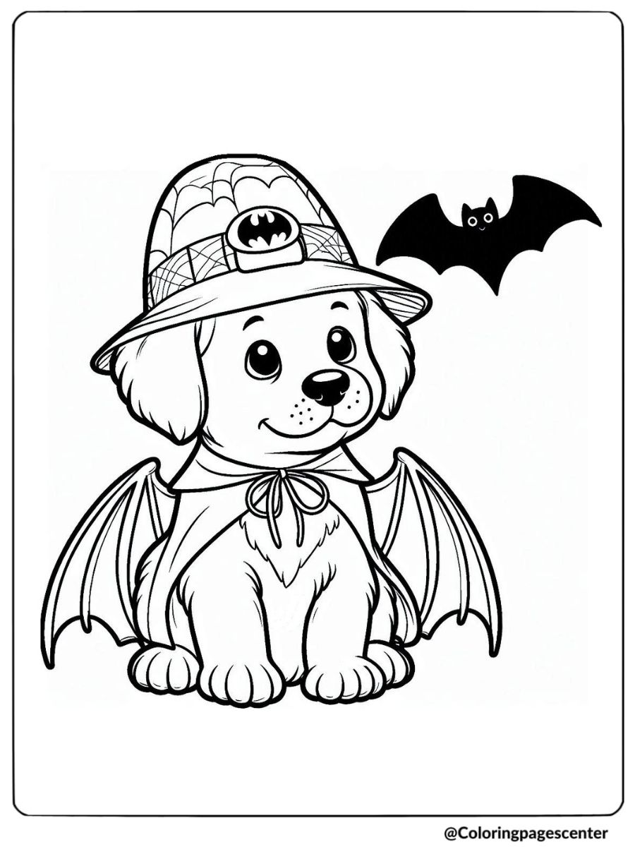 Halloween puppy with bat wings and hat coloring page