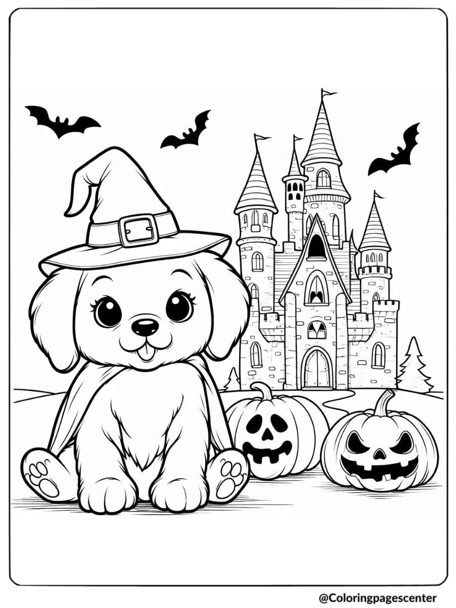 Halloween puppy witch with castle coloring page