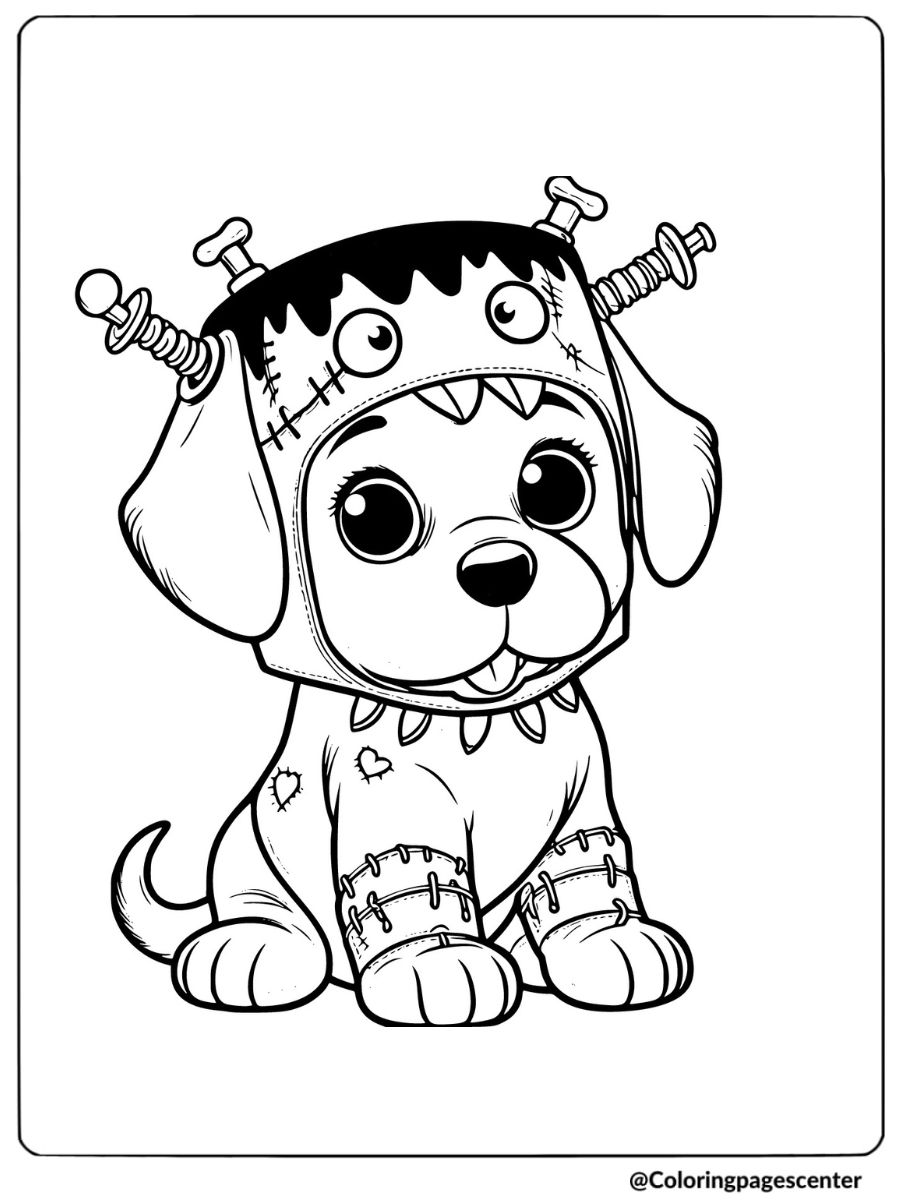 Halloween puppy dressed as Frankenstein coloring page