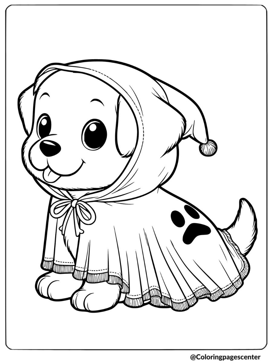 Halloween puppy in ghost cloak costume coloring page