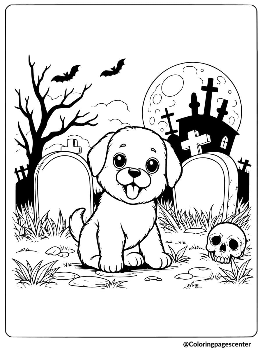 Cute Halloween puppy in a spooky graveyard coloring page