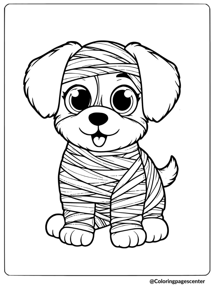 Halloween puppy wrapped as a mummy coloring page