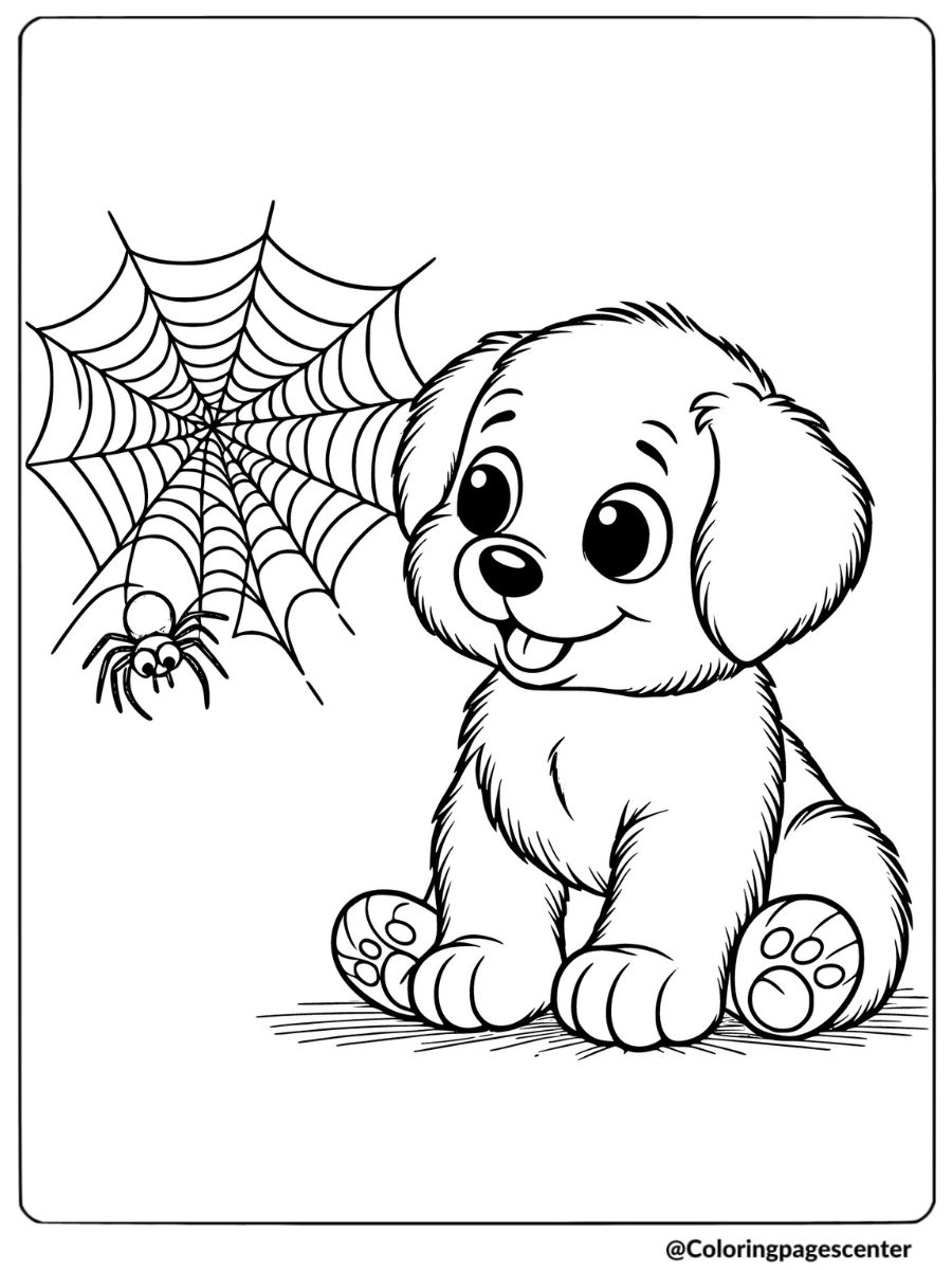 Happy Halloween puppy with spider web coloring page