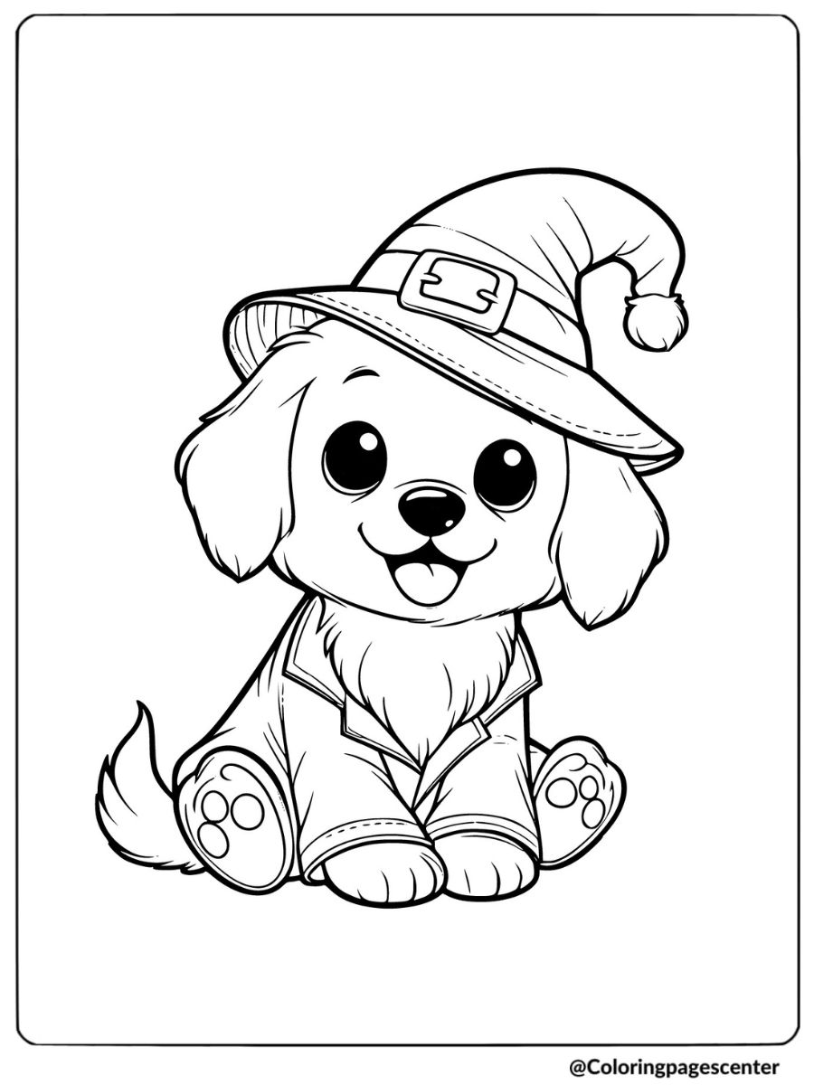 Halloween puppy dressed as a witch coloring page