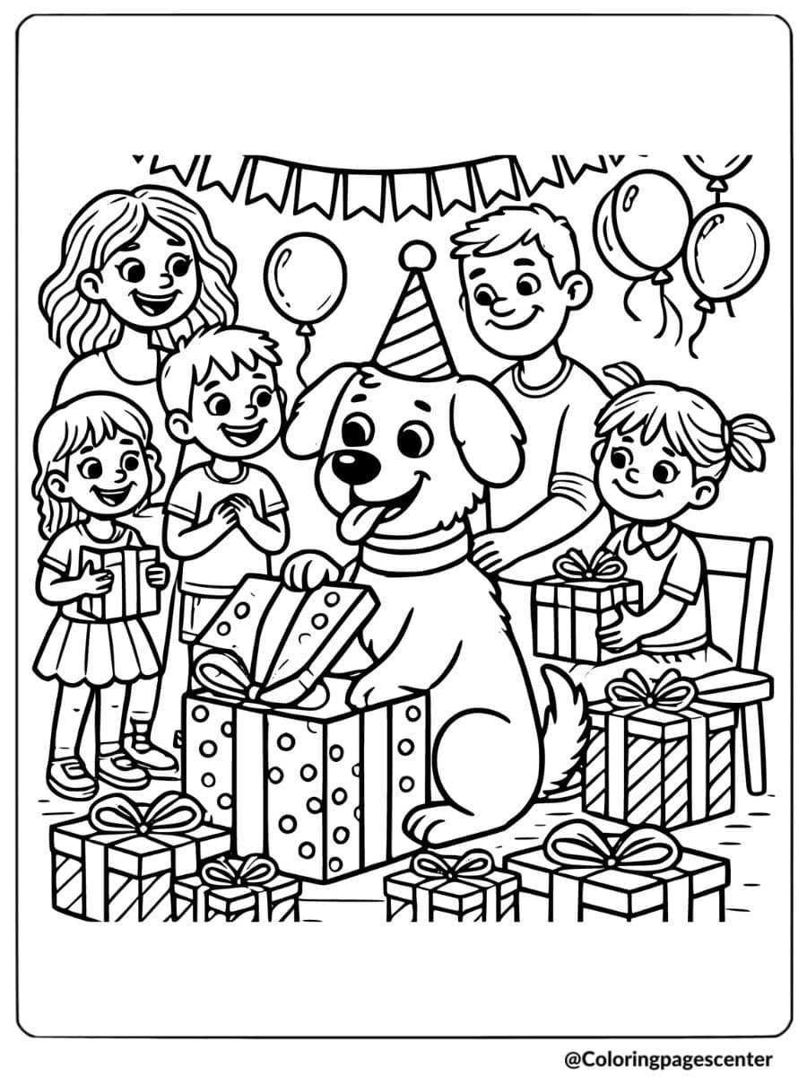 Dog celebrating birthday with family and presents coloring page