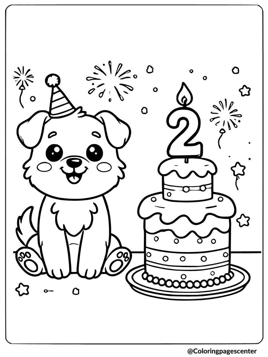 Dog celebrating 2nd birthday with fireworks coloring page