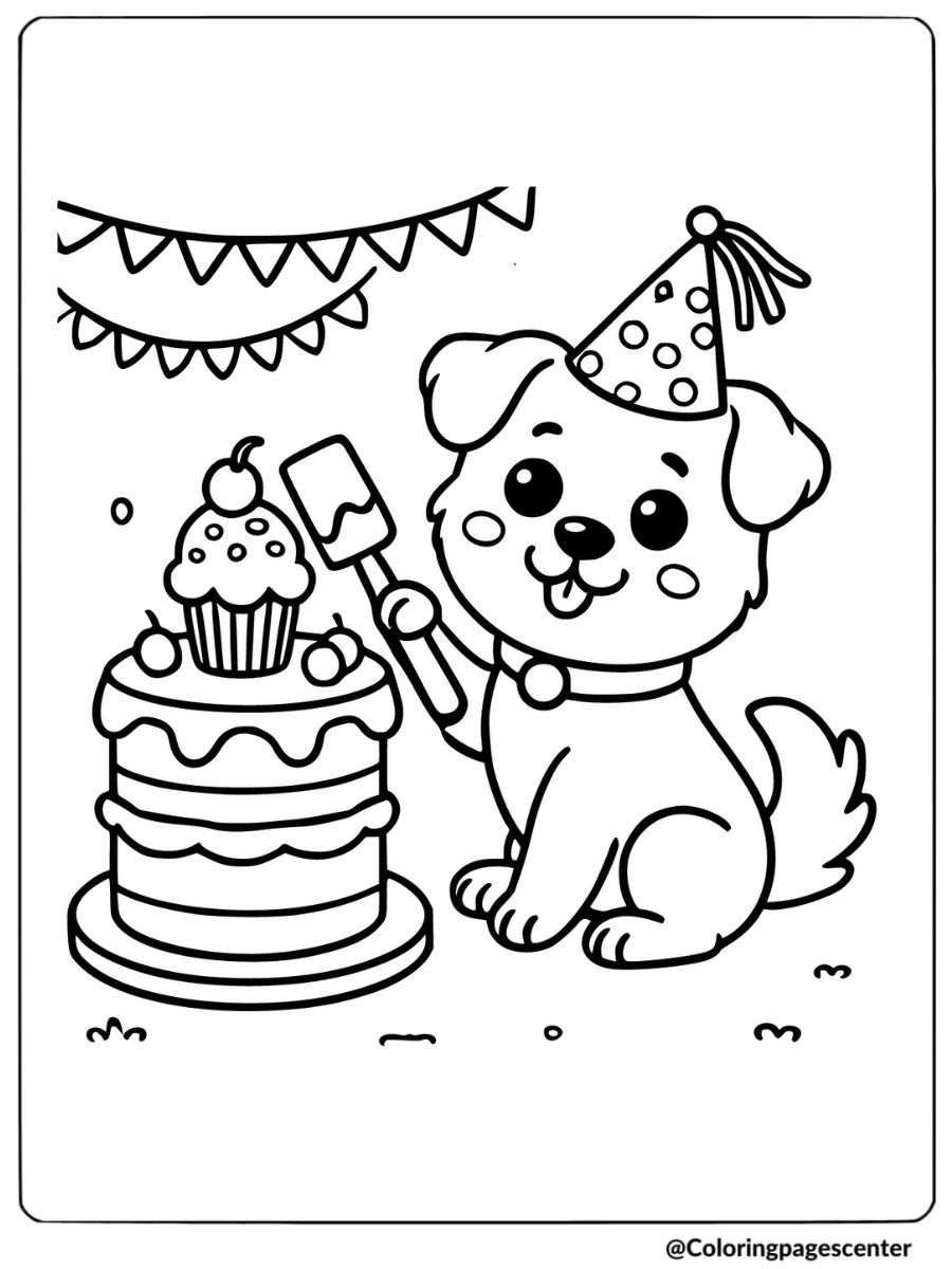 Dog with a spatula and birthday cake at party coloring page