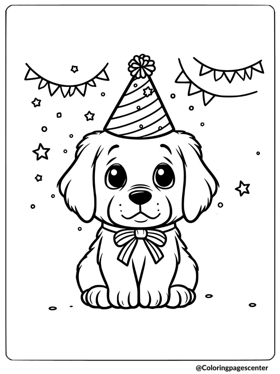 Dog with birthday hat and decorations coloring page