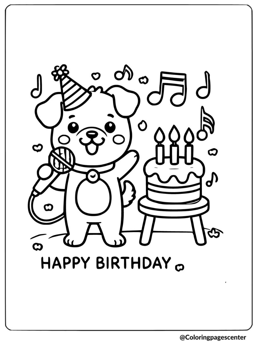 Dog singing next to birthday cake with candles coloring page