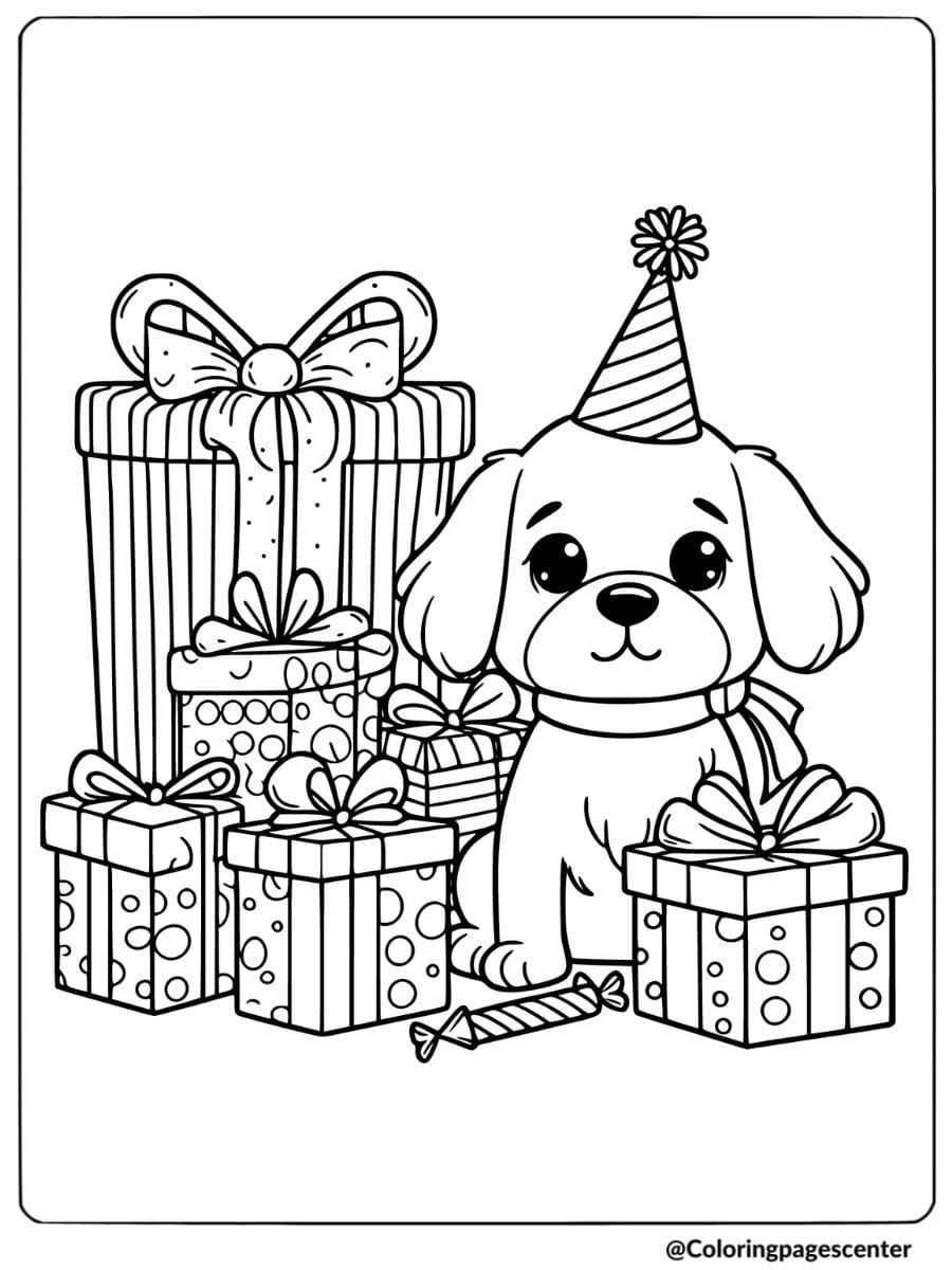 Dog with birthday presents and party hat coloring page