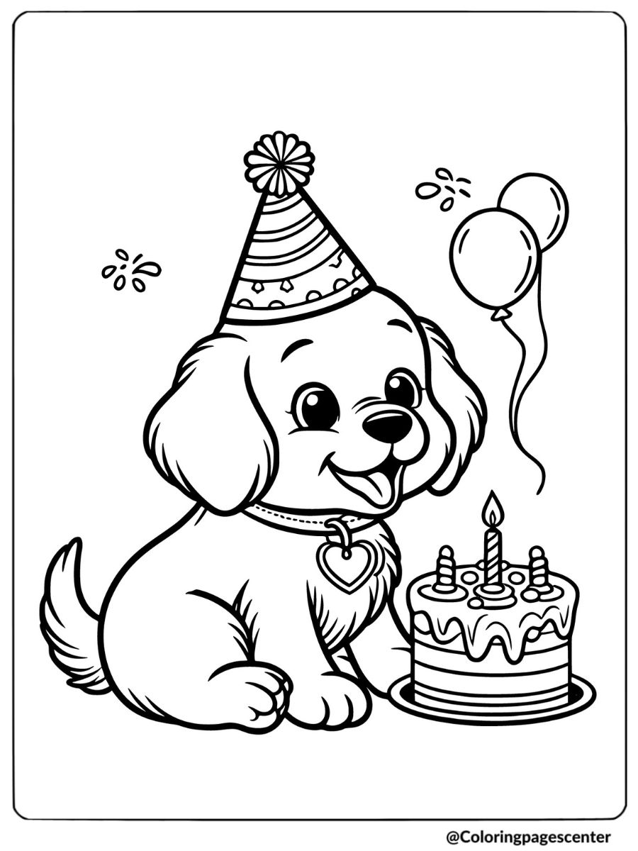 Dog smiling with birthday cake and balloons coloring page