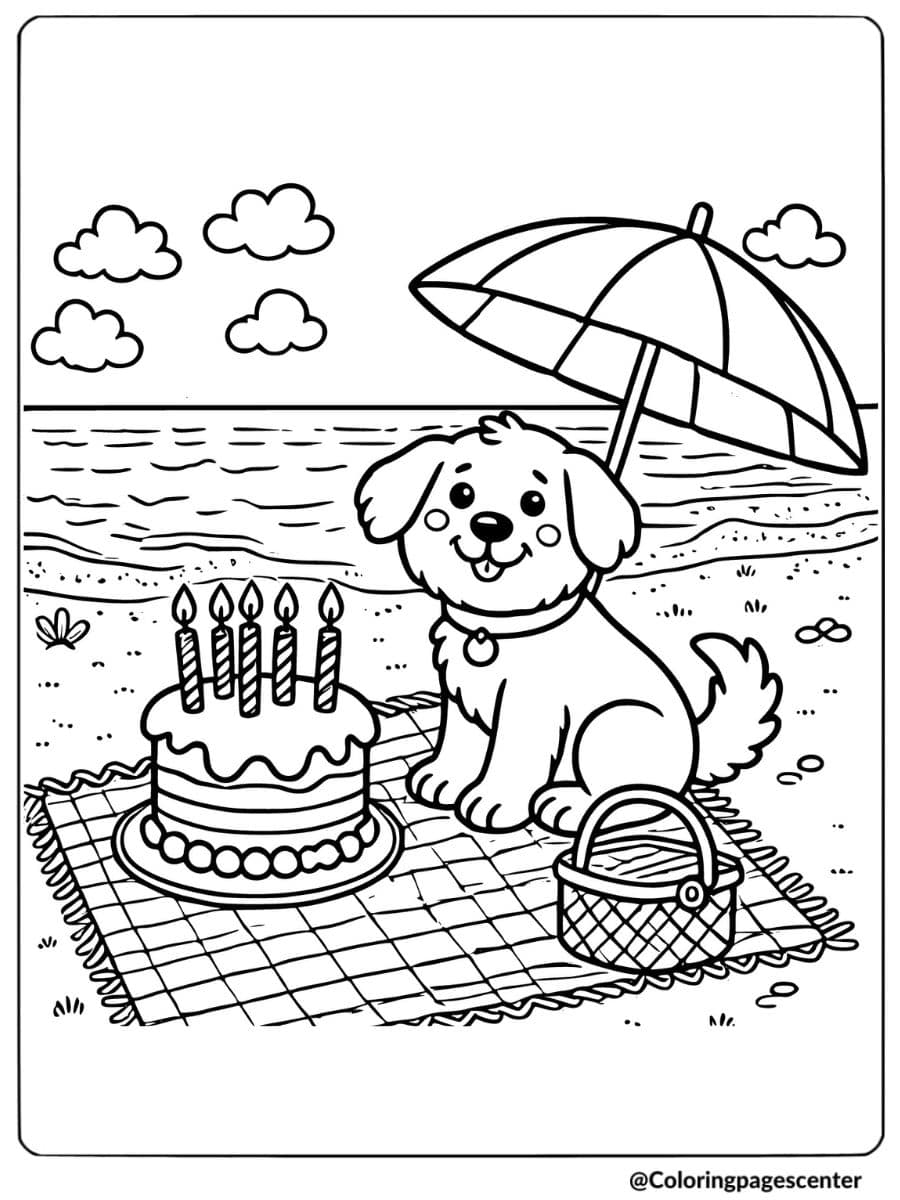 Dog sitting with a birthday cake on the beach coloring page