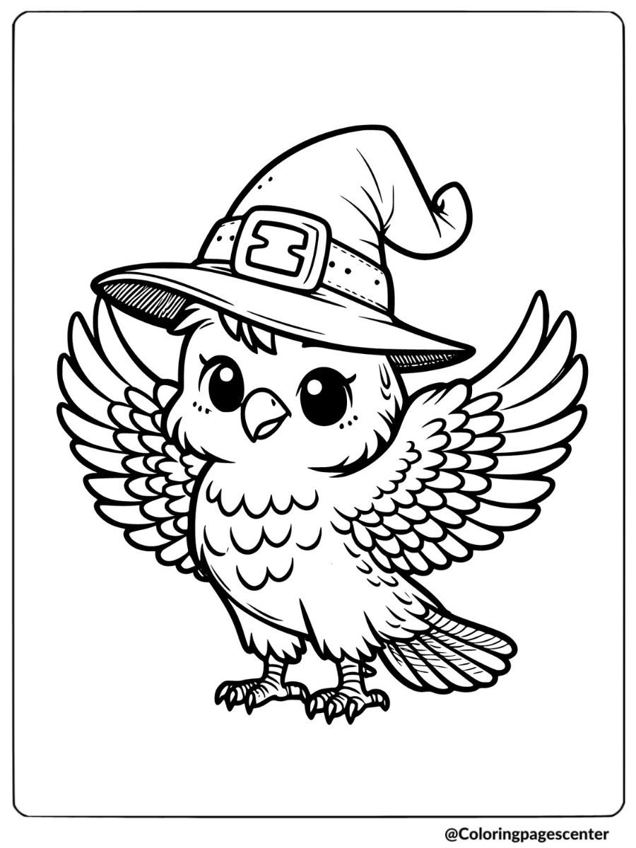 Cartoon hawk wearing a witch hat coloring page