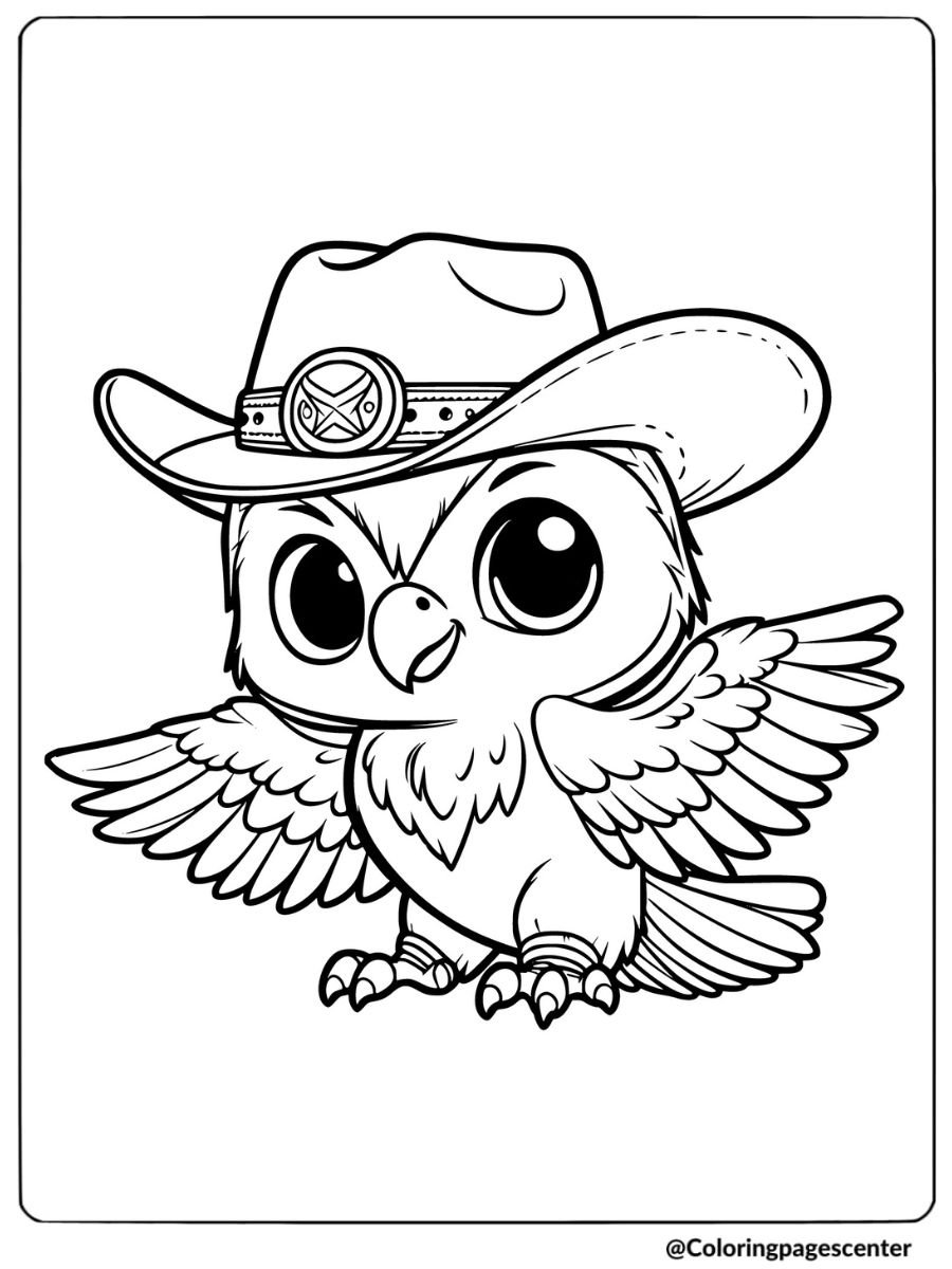 Cartoon hawk wearing a cowboy hat coloring page