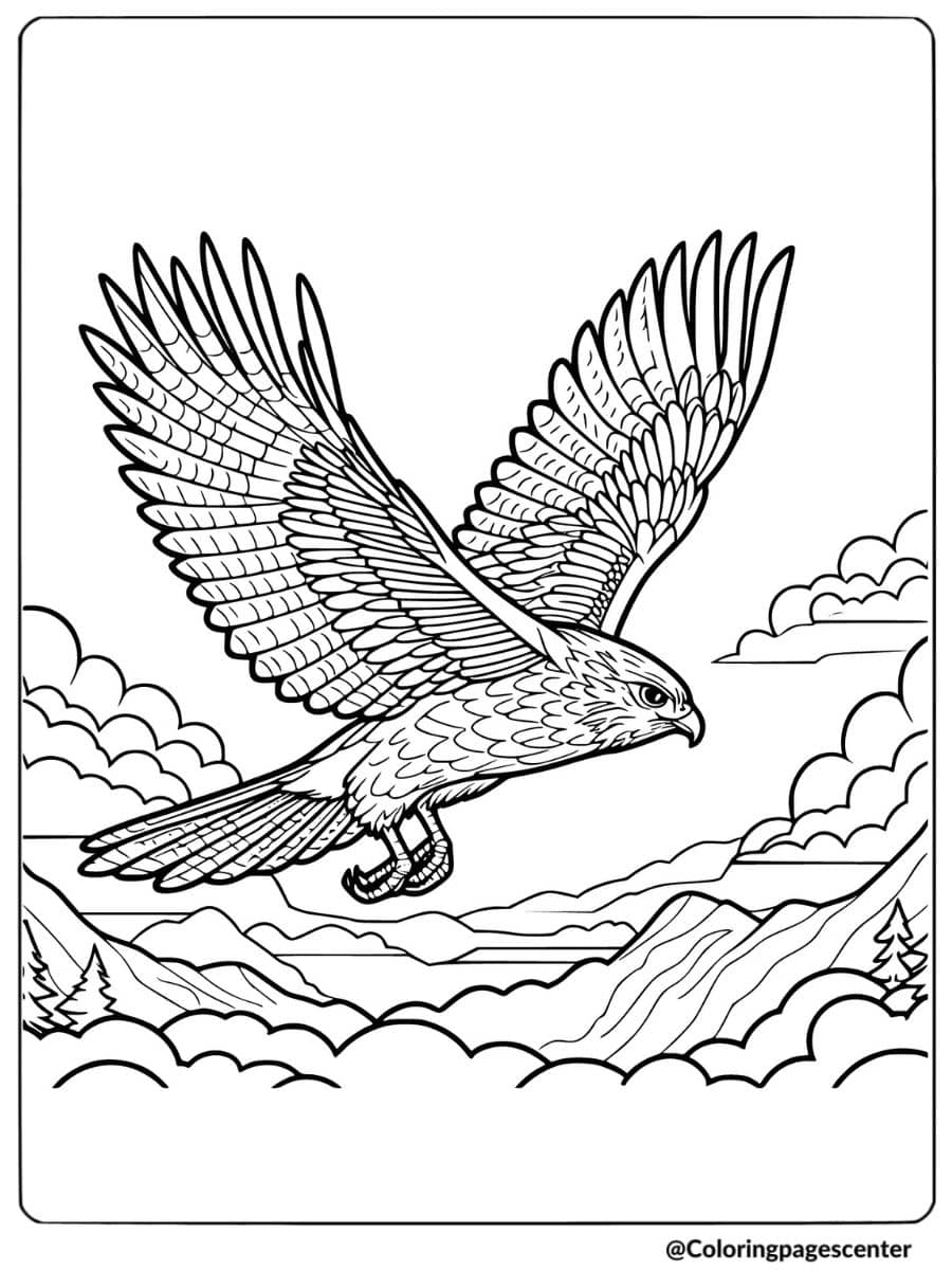 Hawk soaring high over cloud-filled sky coloring page