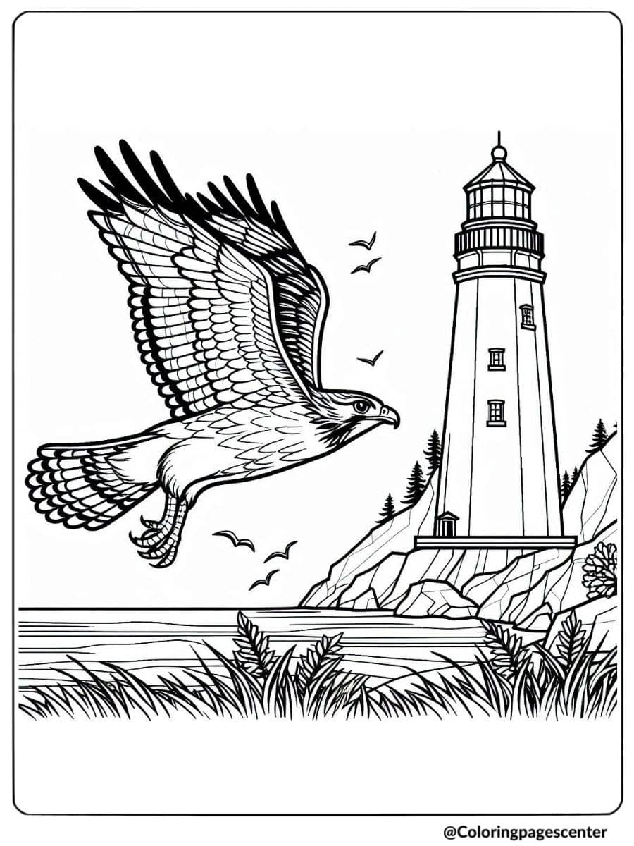 Hawk soaring by a lighthouse and sea coloring page