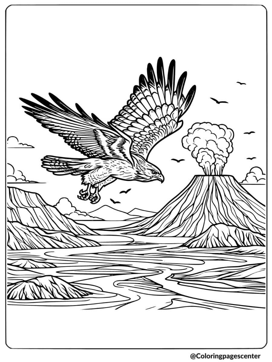 Hawk soaring near erupting volcano coloring page