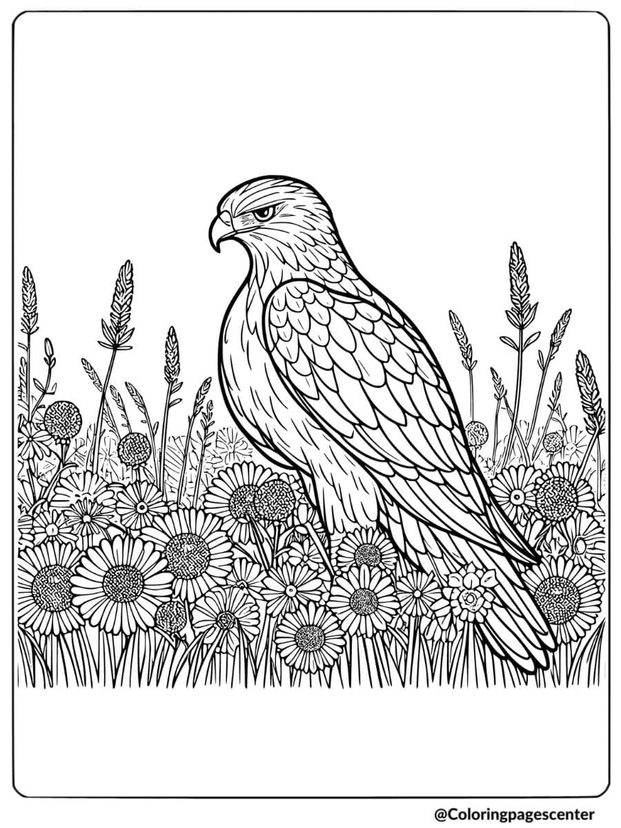 Hawk standing among blooming flowers coloring page