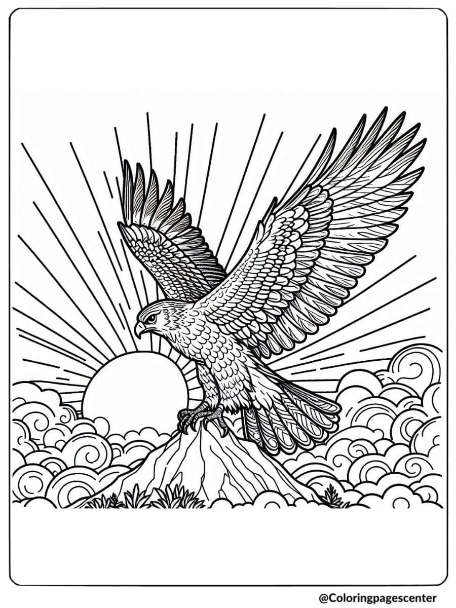 Hawk spreading wings with sunrise background coloring page