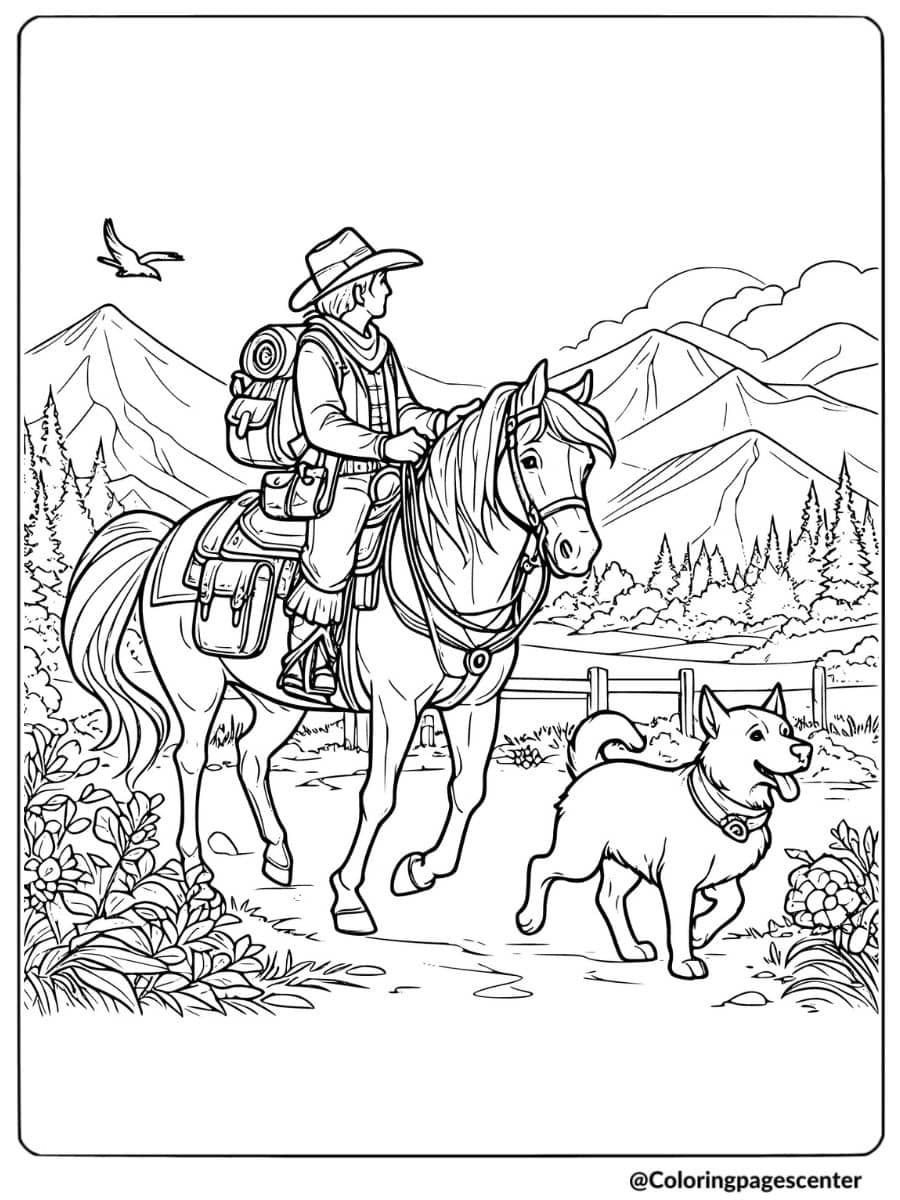 Cowboy on horse with dog walking coloring page