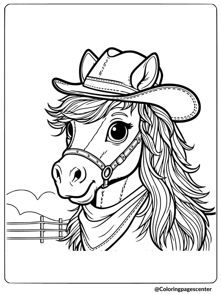 Cute horse wearing a cowboy hat coloring page