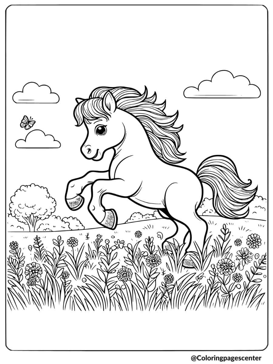 Cute pony playing in the field with butterfly coloring page