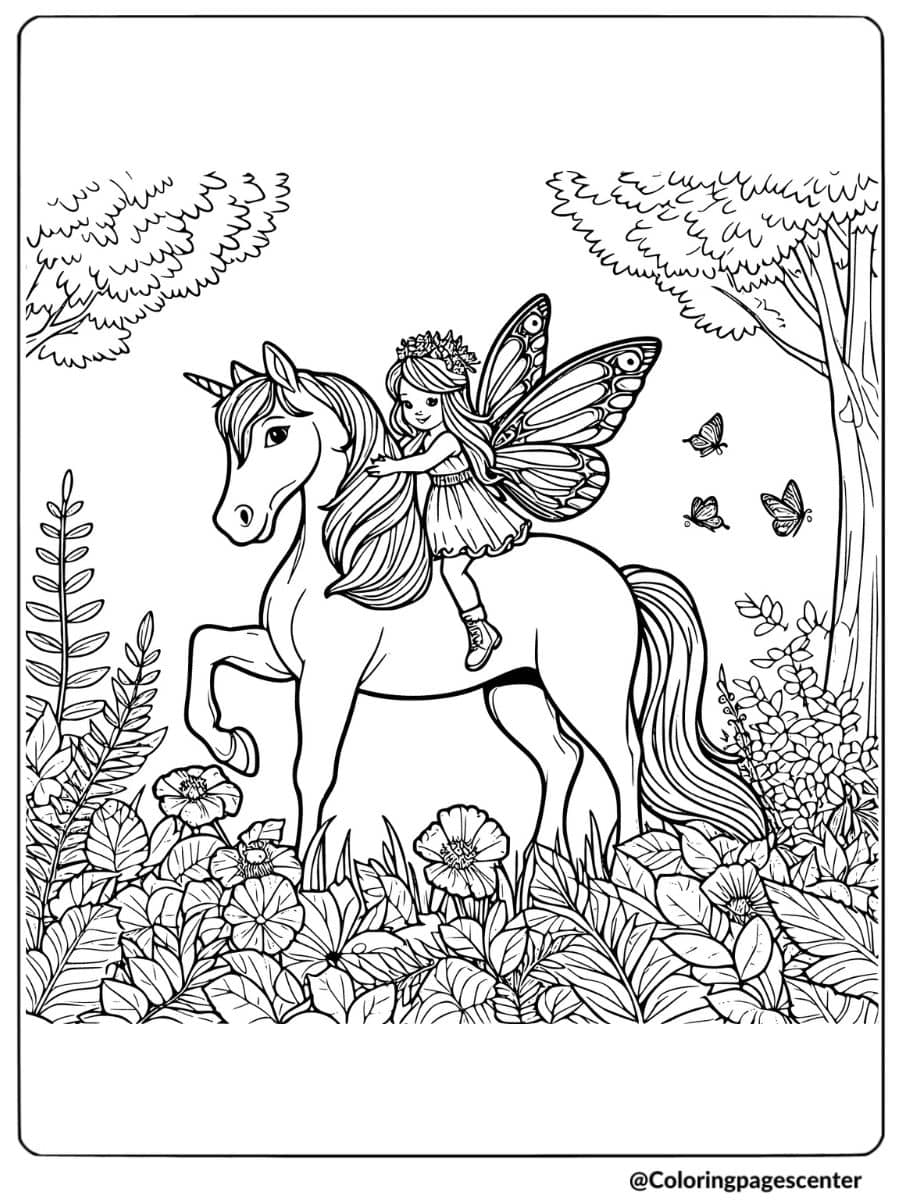 Fairy riding a unicorn in the forest coloring page