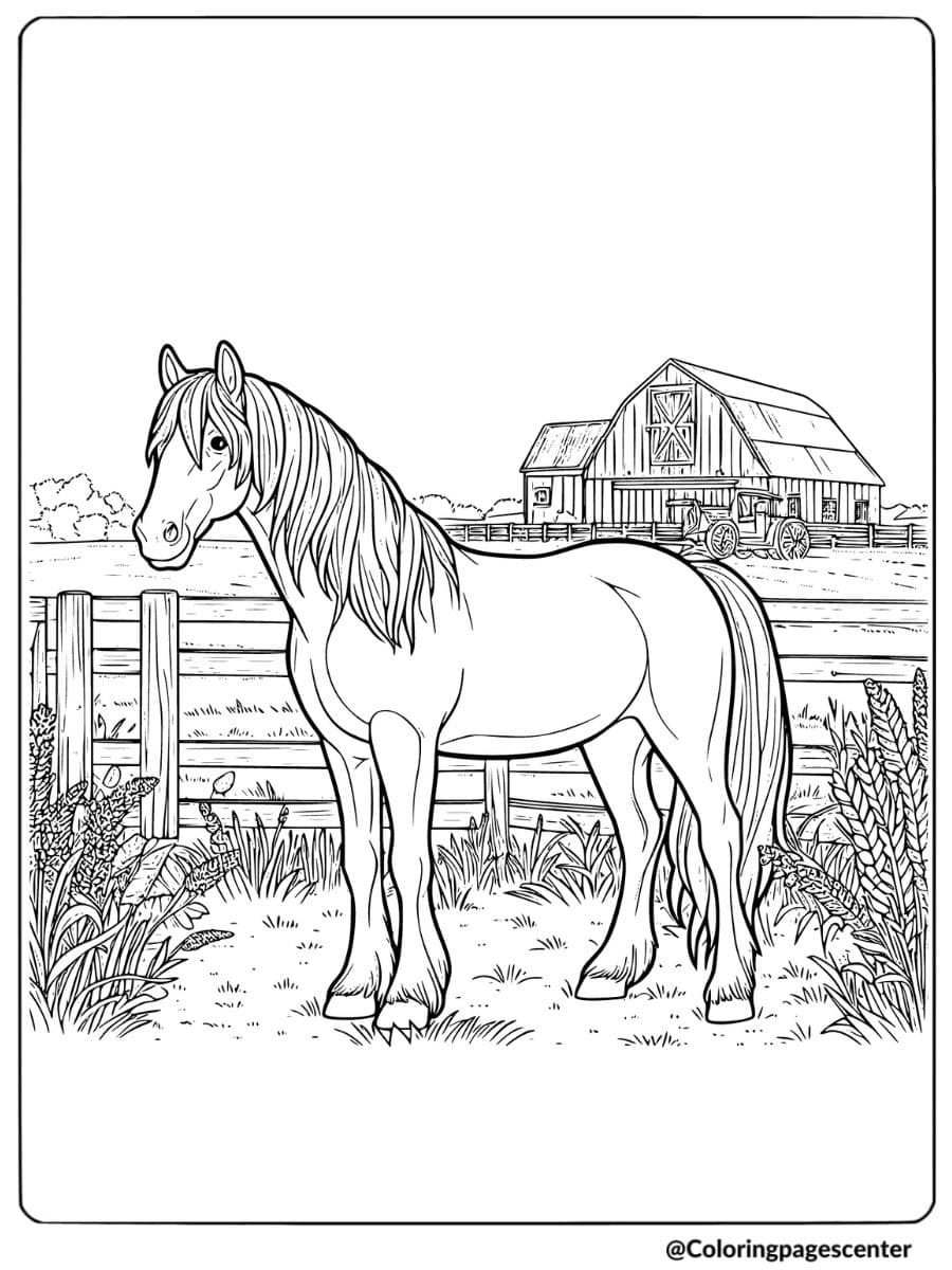 Farm horse standing by wooden fence coloring page