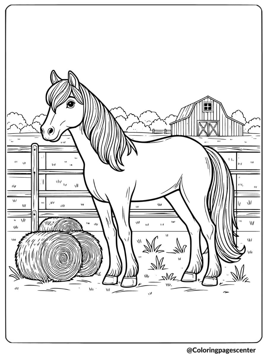 Farm horse with hay bales in background coloring page