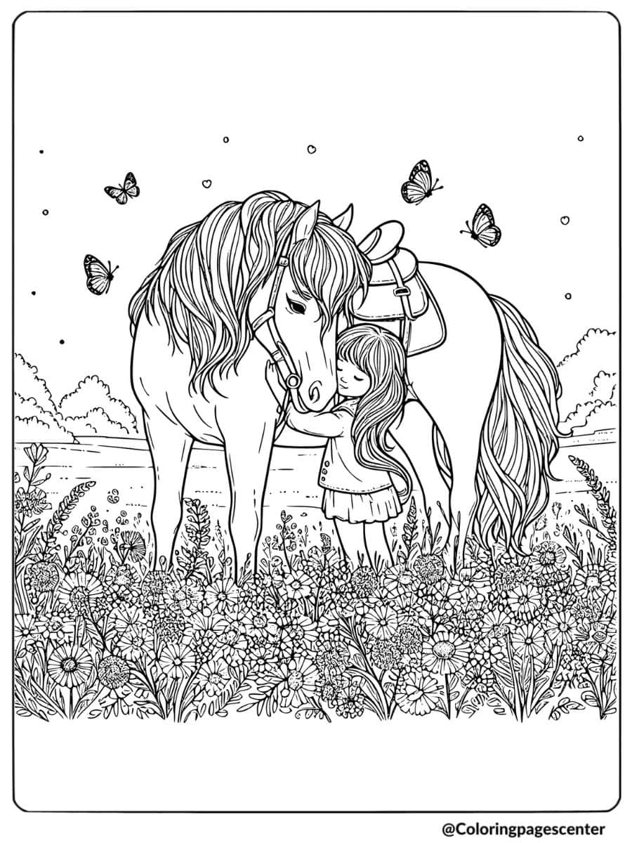 Girl hugging horse in flower field coloring page