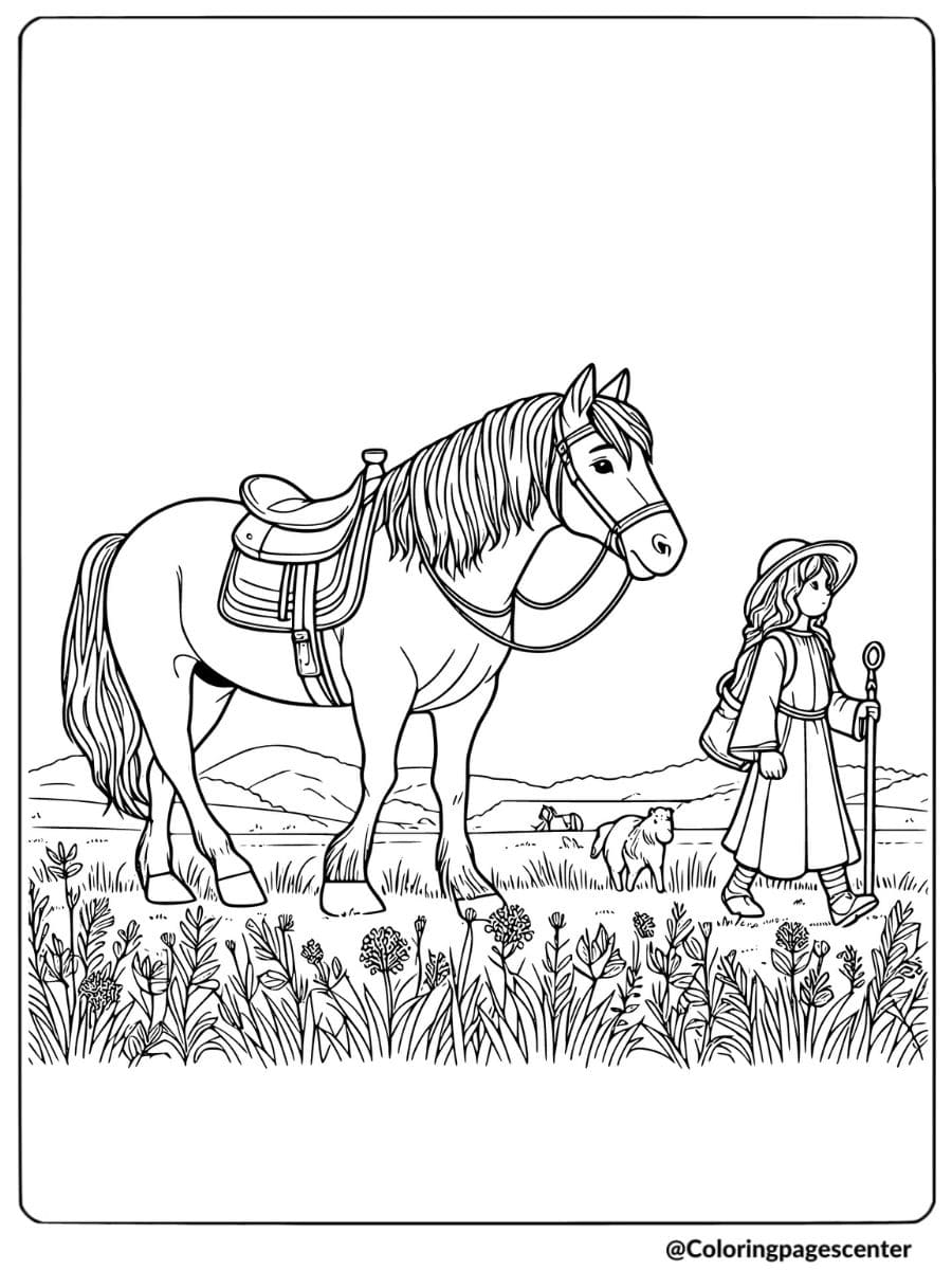 Girl leading horse through a meadow coloring page