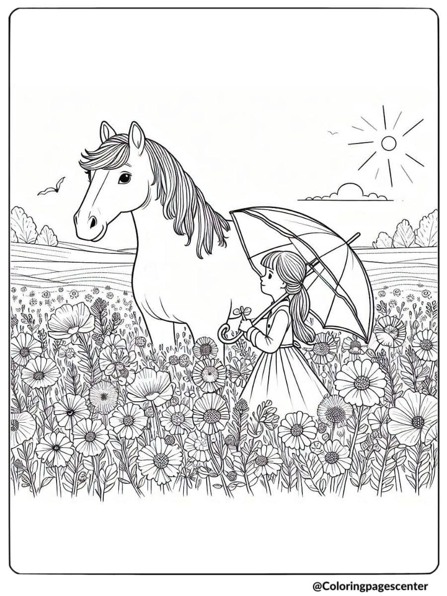 Girl and horse in a field of flowers coloring page