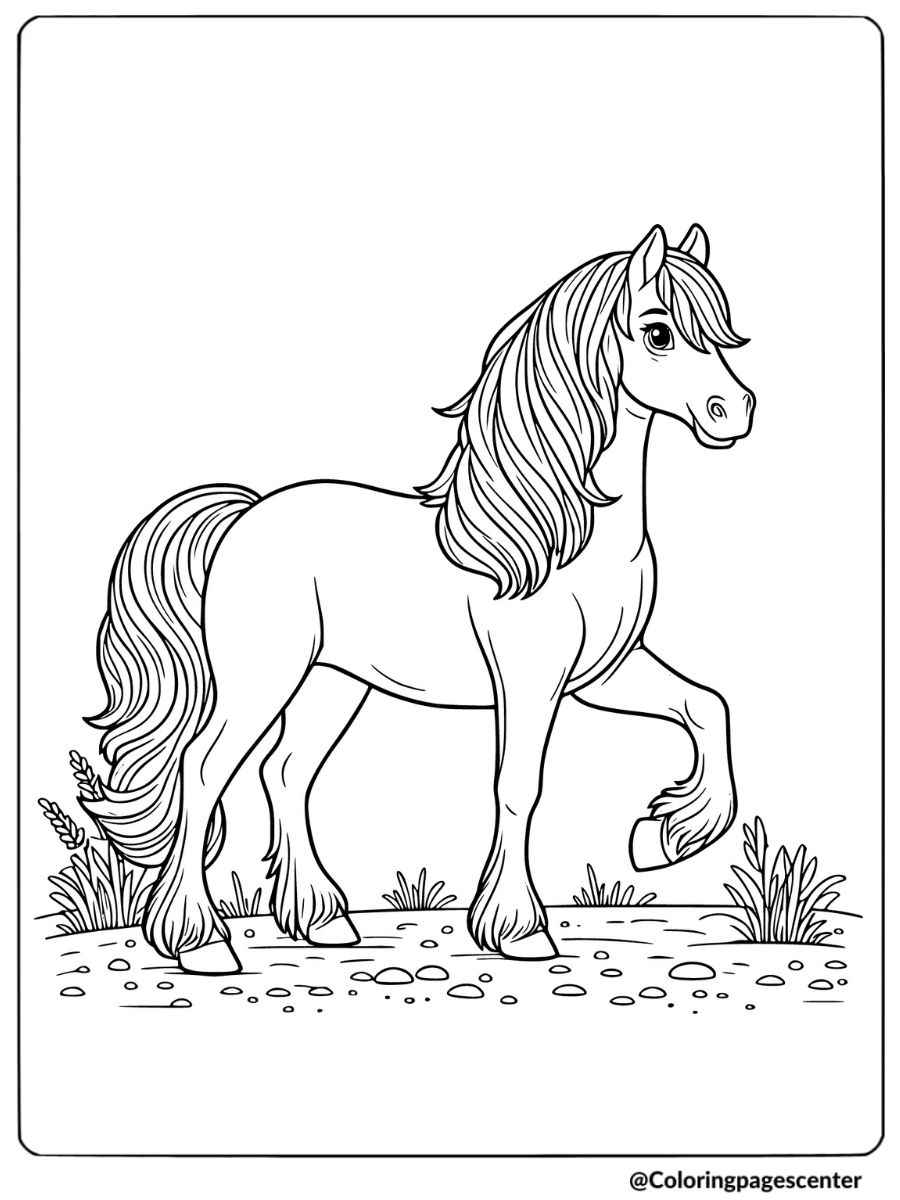 A horse standing on a grassy field coloring page