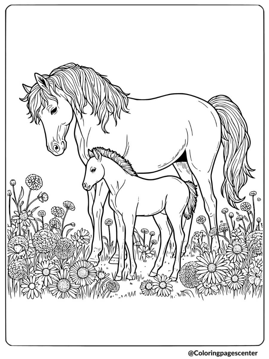 Horse and foal standing in flower field coloring page