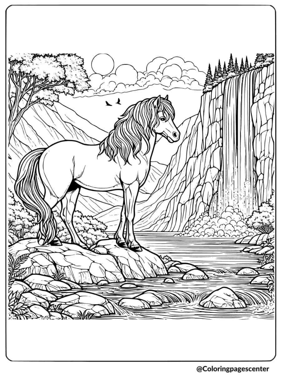 Horse standing near waterfall in mountains coloring page