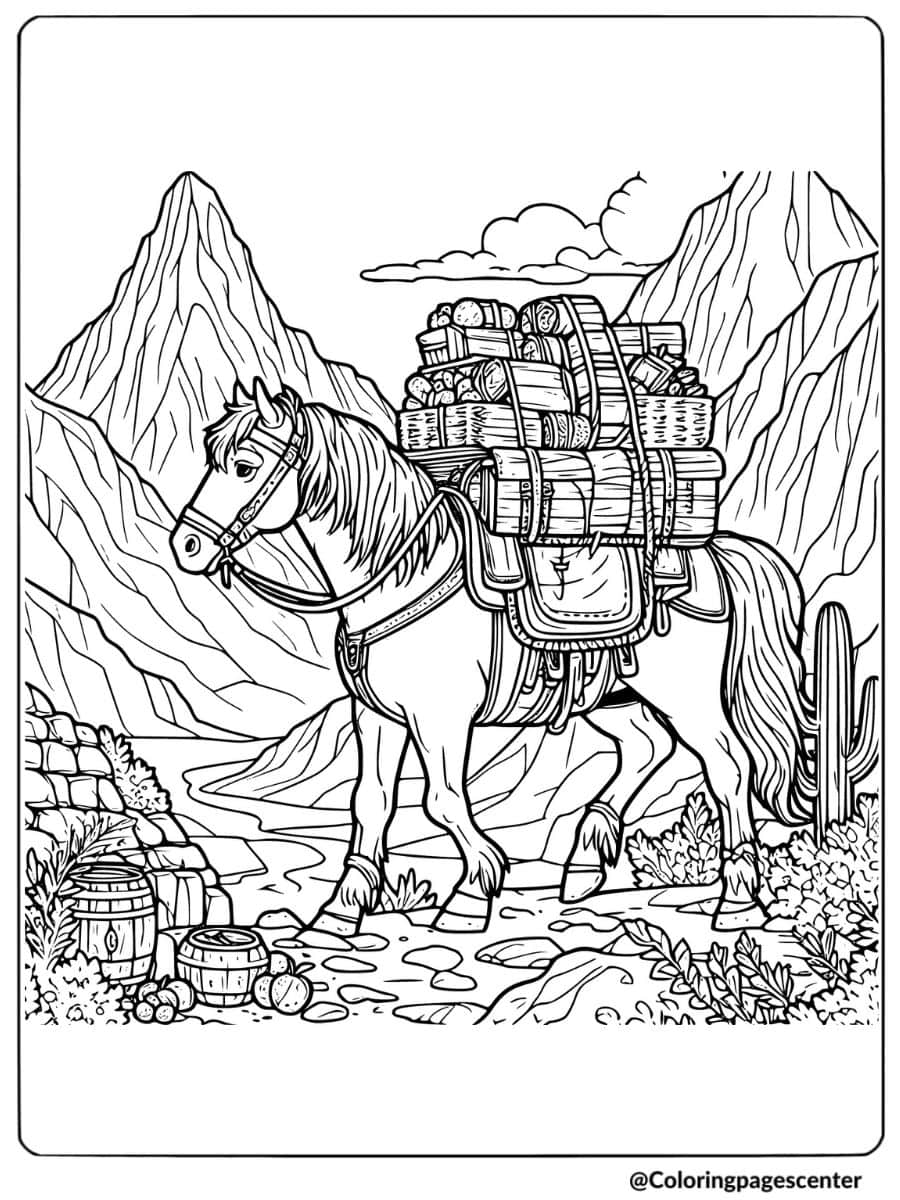 Horse carrying goods through mountains coloring page