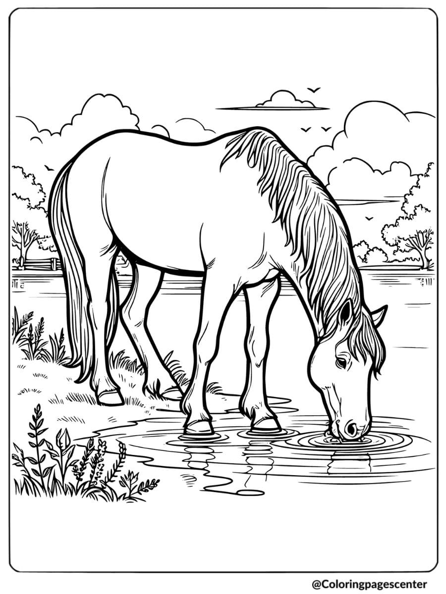 Horse drinking from a river scene coloring page