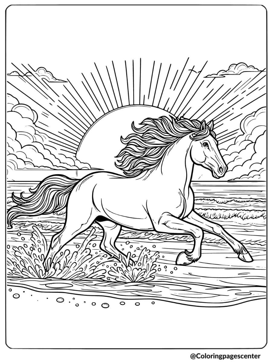 Horse galloping through the water coloring page