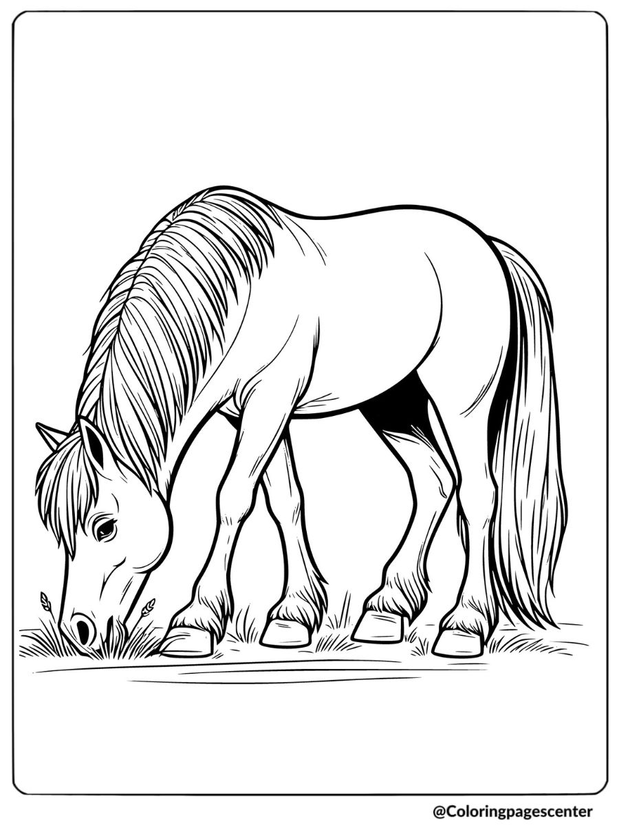 Horse eating grass in the field coloring page