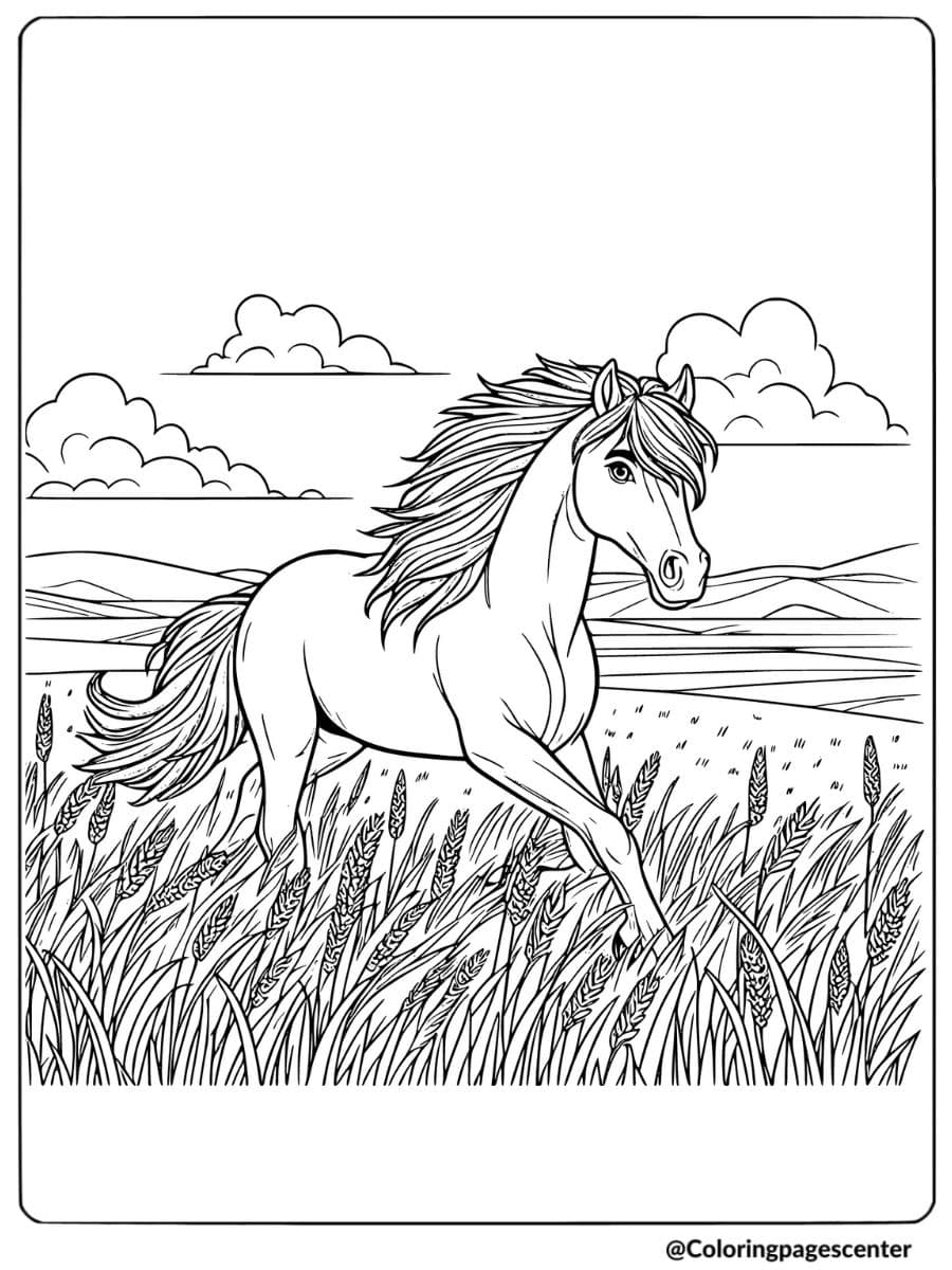 Horse running through meadow coloring page