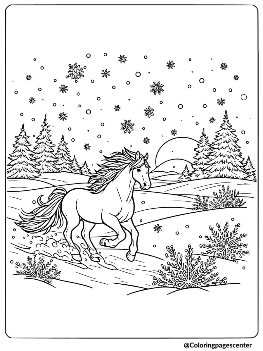 Horse running through snowy forest coloring page