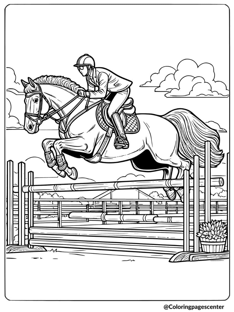 Horse jumping over a fence coloring page