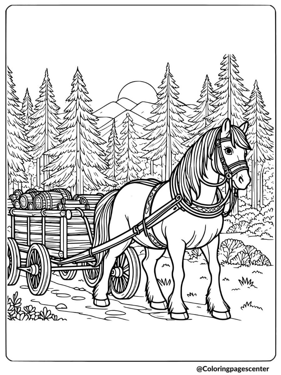 Horse pulling cart in forest scene coloring page