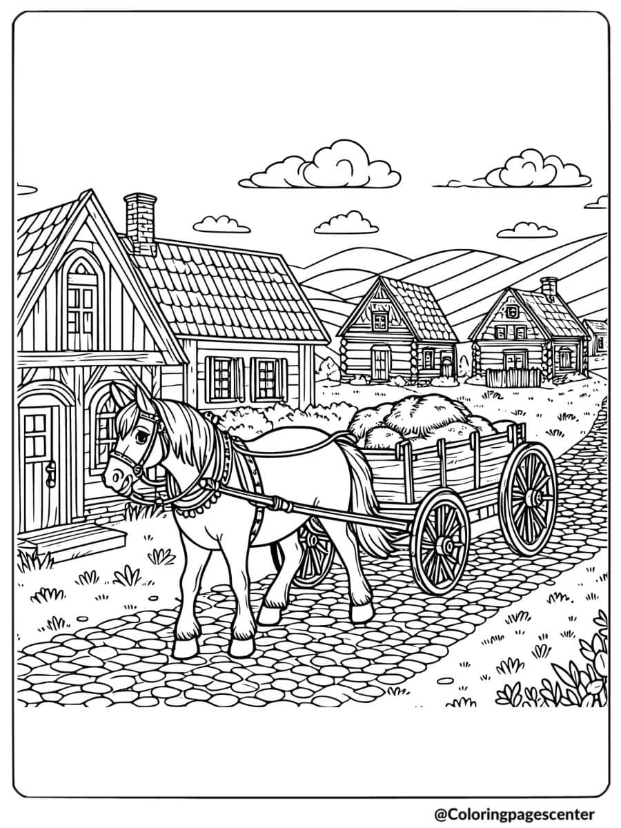 Horse pulling a cart through village coloring page