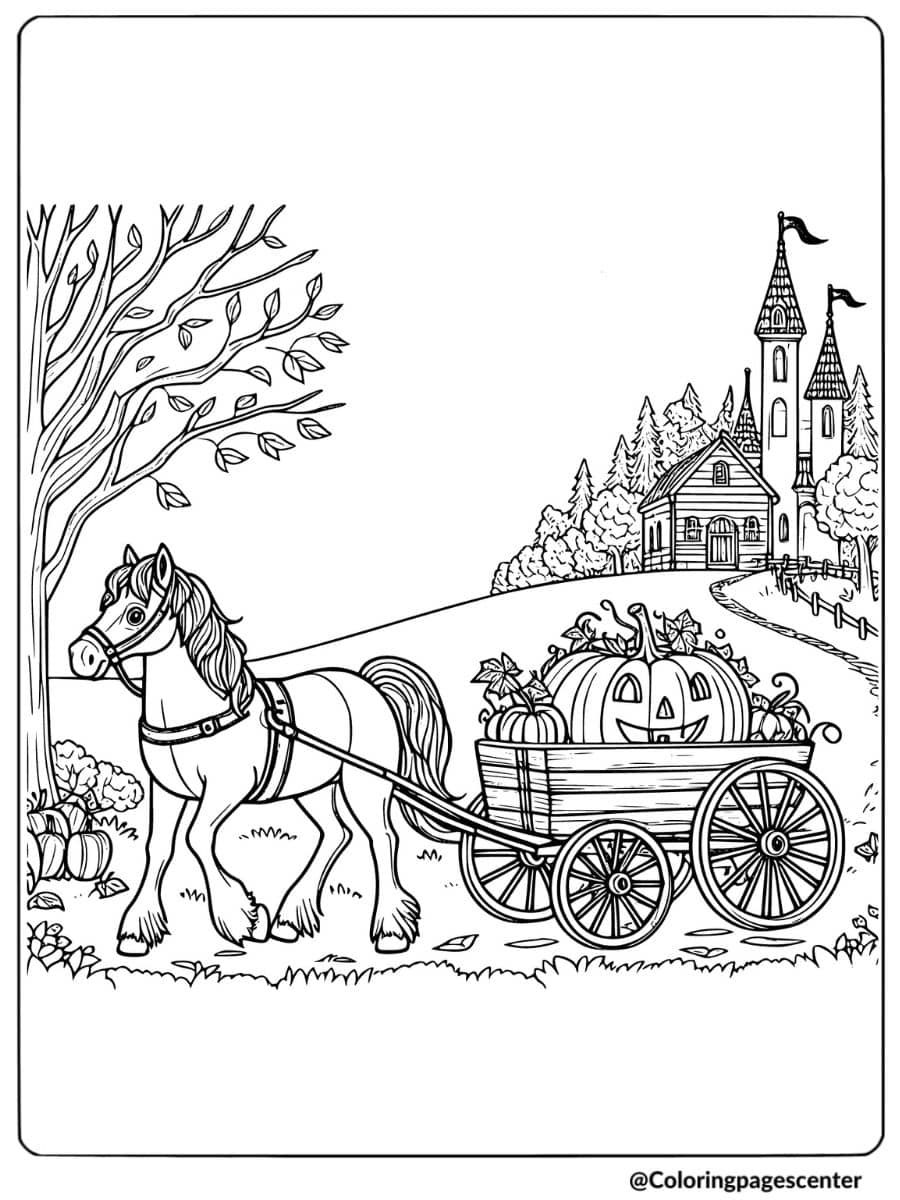 Horse pulling a cart of pumpkins coloring page