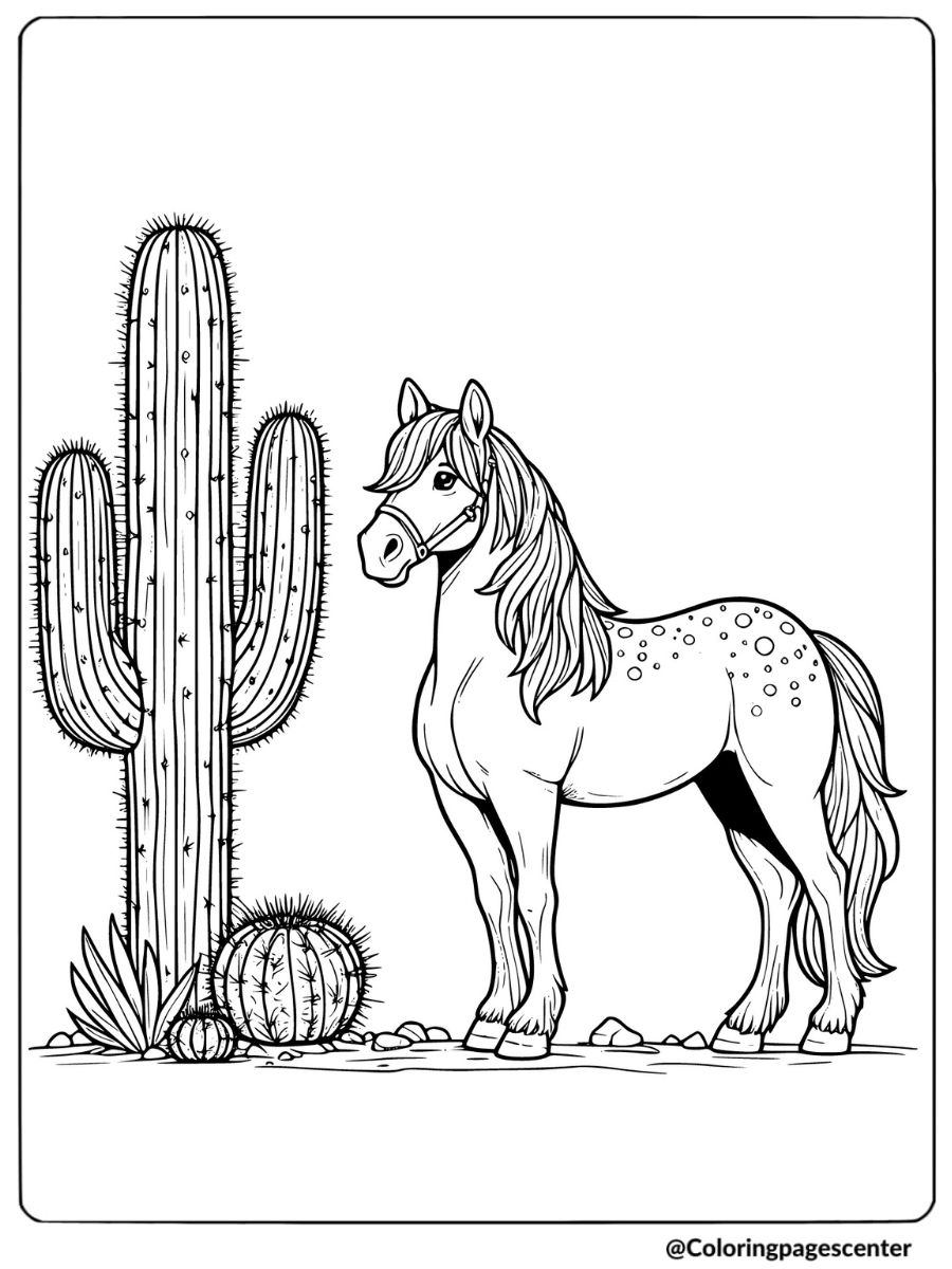 Horse next to cactus in desert coloring page