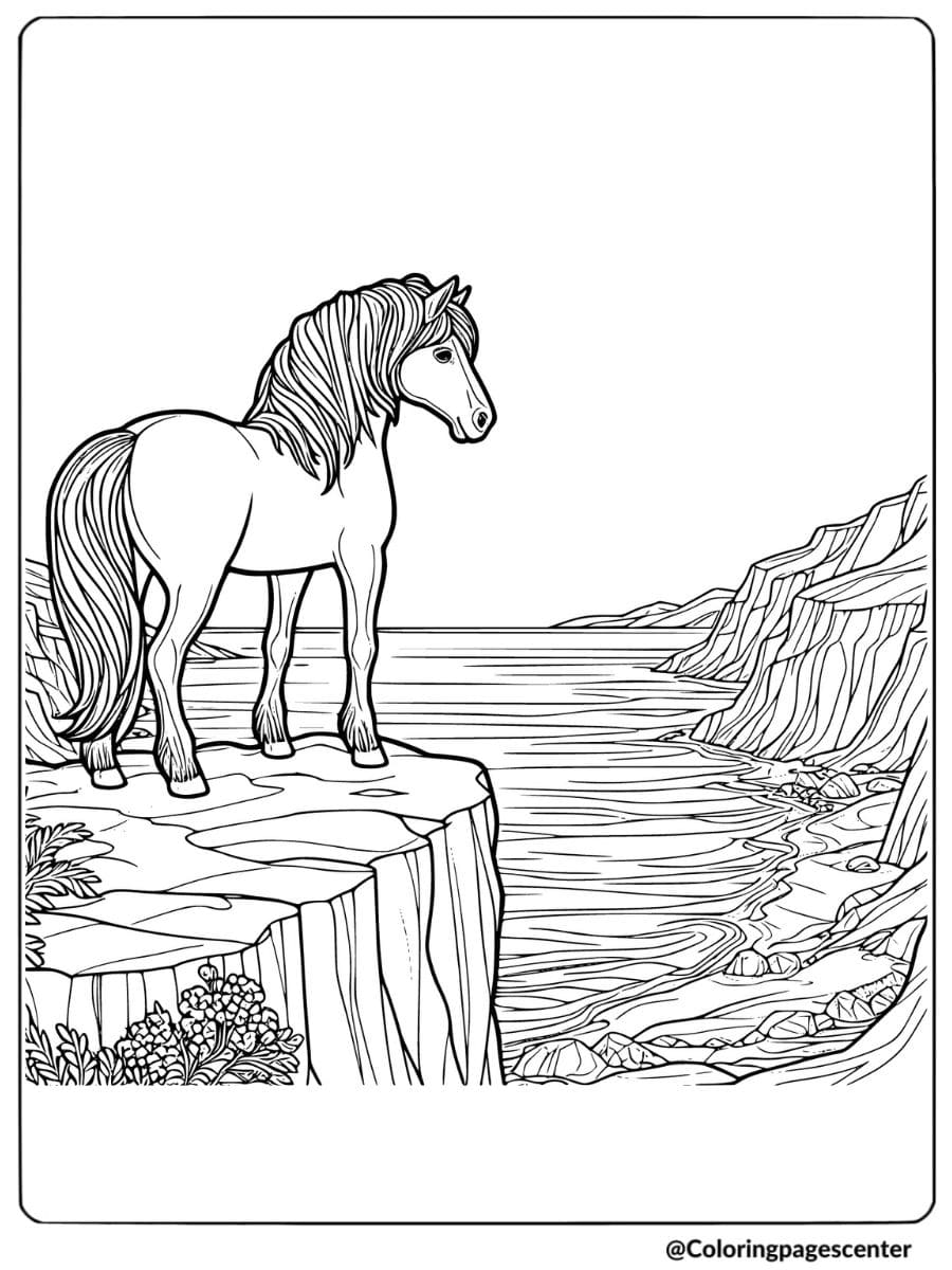 Horse on a cliff looking at the sea coloring page