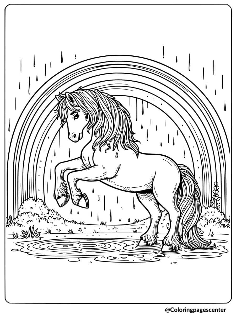 Horse playing in rain with rainbow coloring page