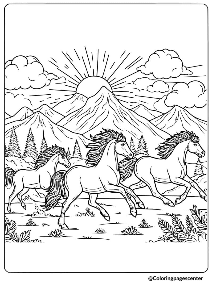 Horses running in mountain landscape coloring page